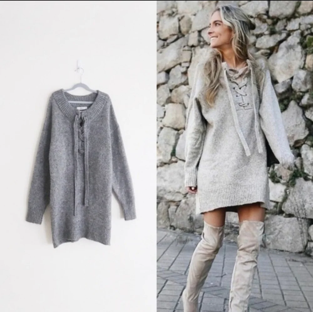 Zara Lace Up Oversized Wool Mohair Mock Neck Sweater Dress Grey Size Medium - Picture 1 of 11